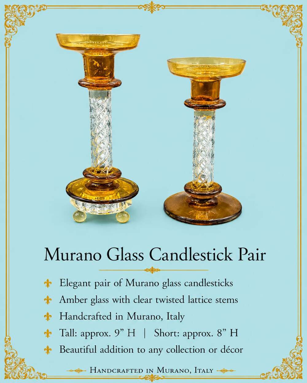 Pair of Handcrafted Murano Glass Candlesticks with Amber Bowls and Twisted Latti